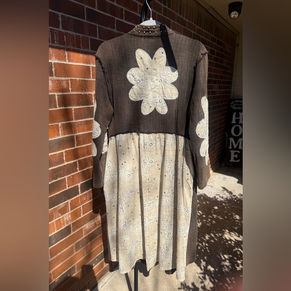 POL MoonShadow Oversized Brown Floral Patchwork Duster Jacket Studded Size Small - Picture 8 of 13